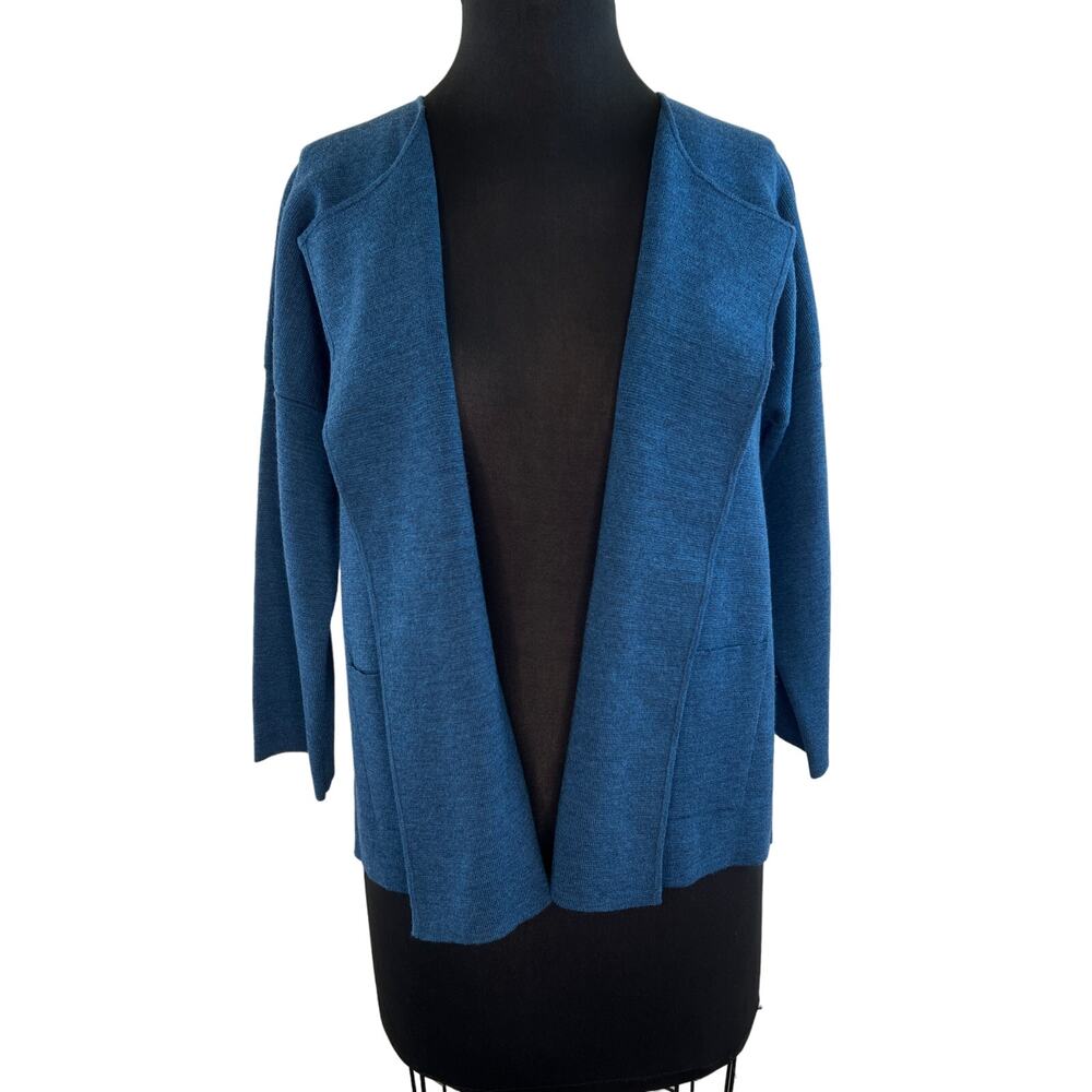 Eileen Fisher Blue 3/4 Sleeve Italian Wool Open Front Cardigan Sweater Top Sz M